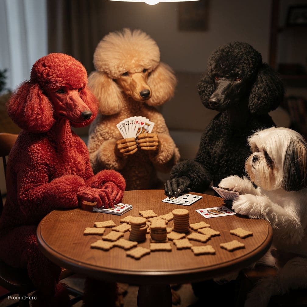 AI generated: a red standard poodle, an apricot standard poodle, a black standard poodle and a white shih tzu play...