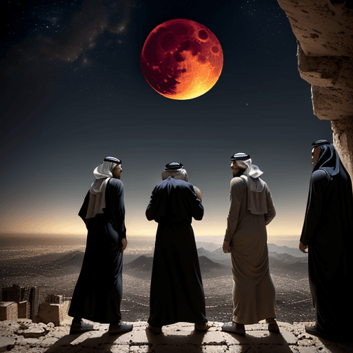 AI generated: Photo of 4 happy arab boys stands above a mountain,
they look at a huge destroyed building , 10 big ...
