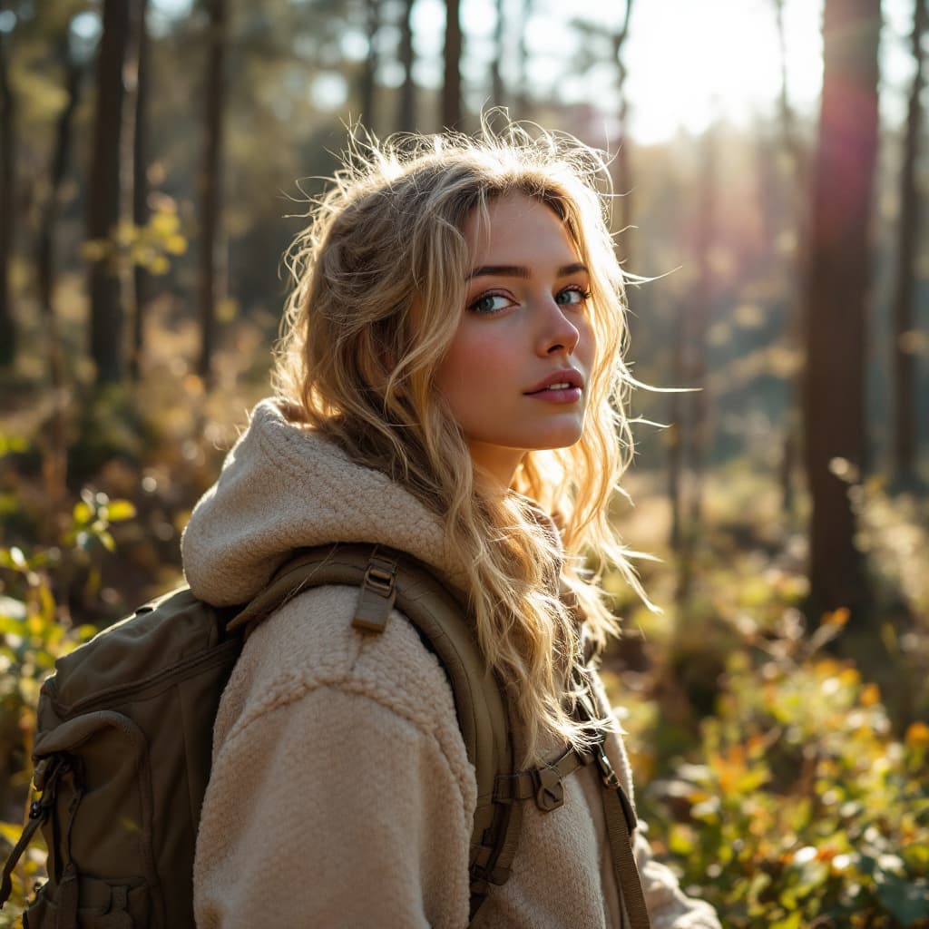 AI generated: A real photo of a blonde instagram influencer taking a hike in the woods on a sunny warm day ultra r...
