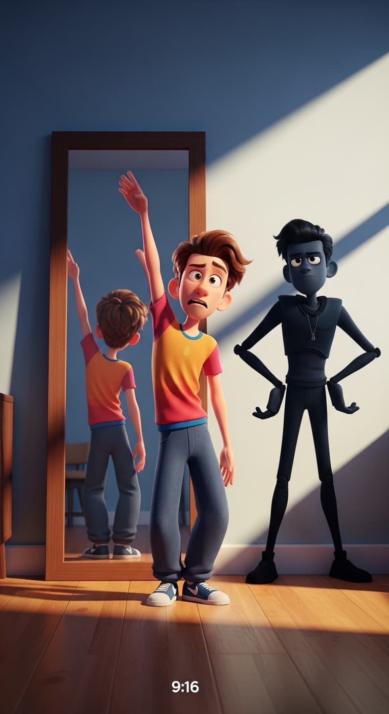 AI generated: 3D cartoon Pixar-style young male dancer mid-dance move with one arm raised, confused exaggerated ex...