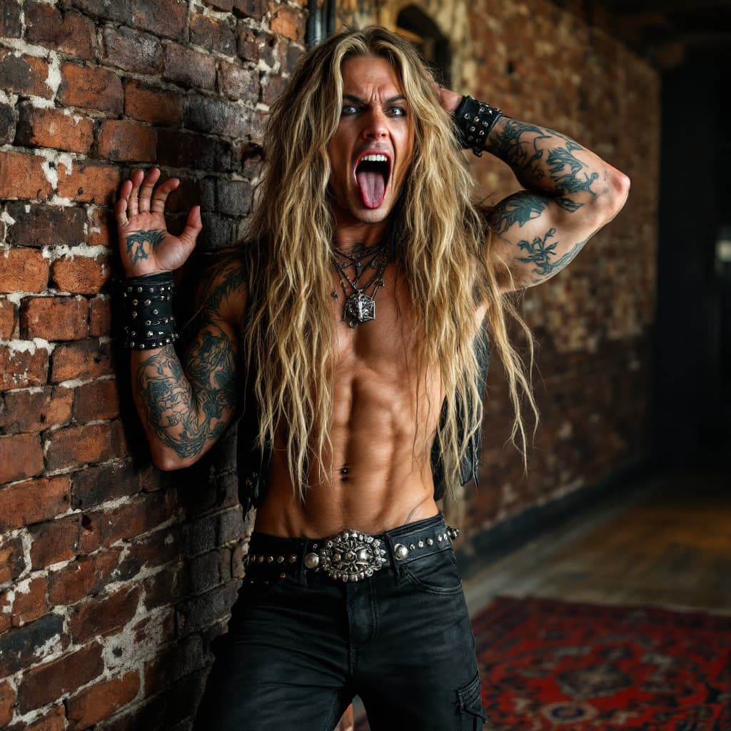 AI generated: Full body view, metal rocker, very long wavy blond hair, round face, chiseled jawline, toned muscles...