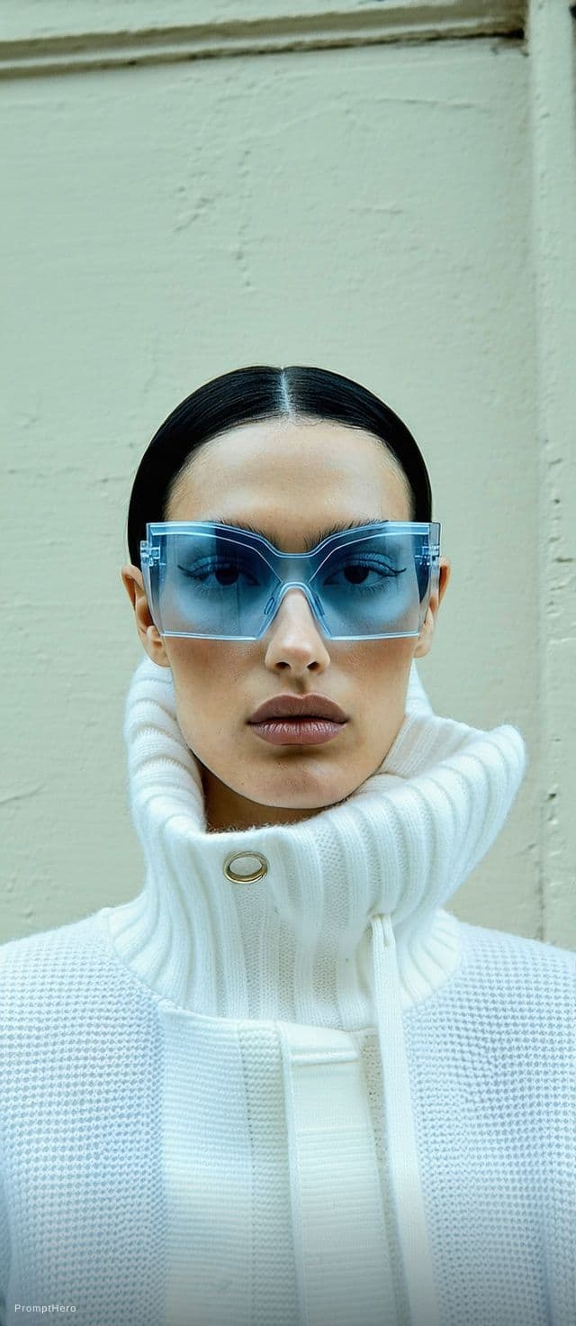 AI generated: Fashion shoot, Jacquemus and Moncler collaboration: dark blue translucent futuristic sunglasses, hyp...