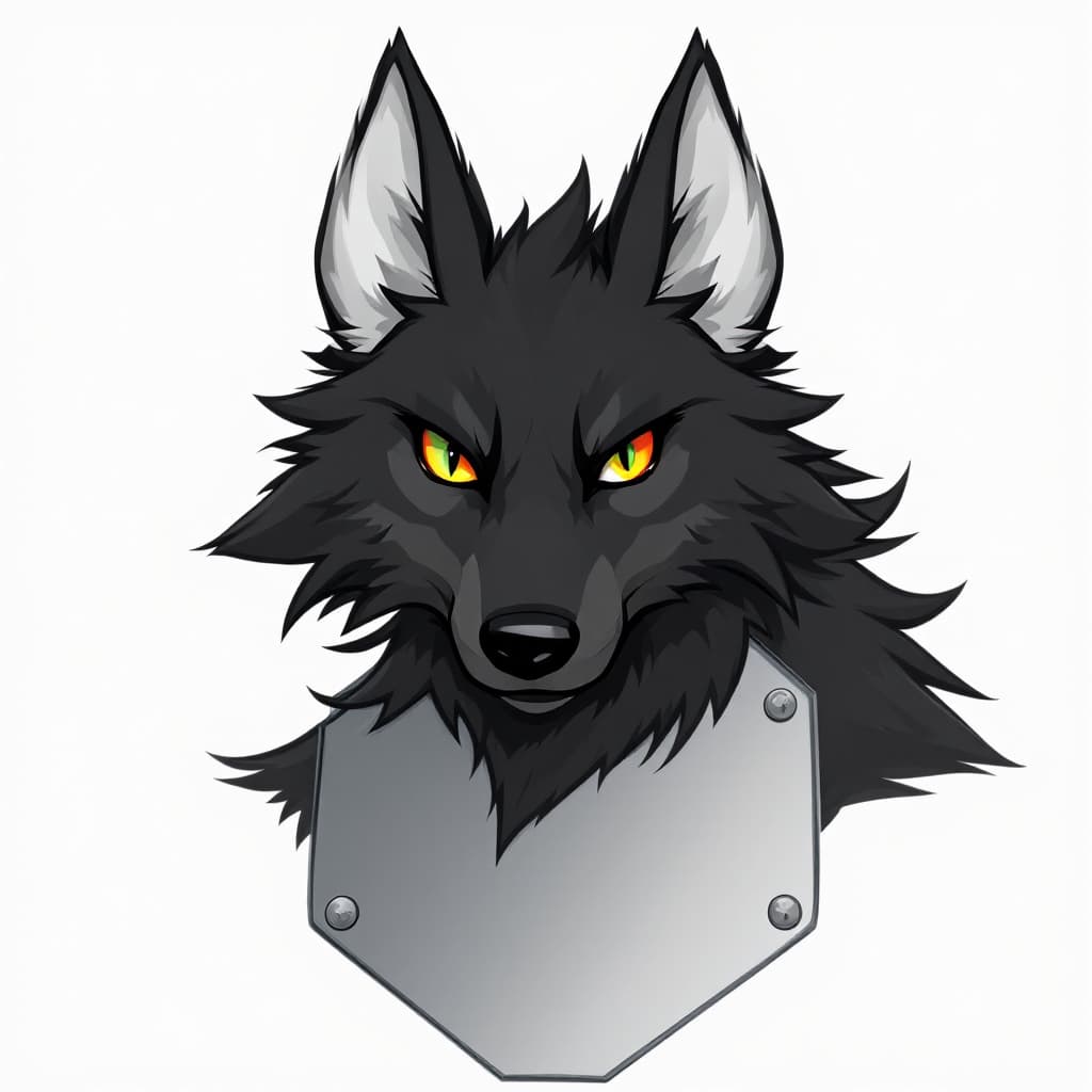 AI generated: Black Wolf fursona with gray highlights. It has four ears. It also has four eyes, which contain an o...