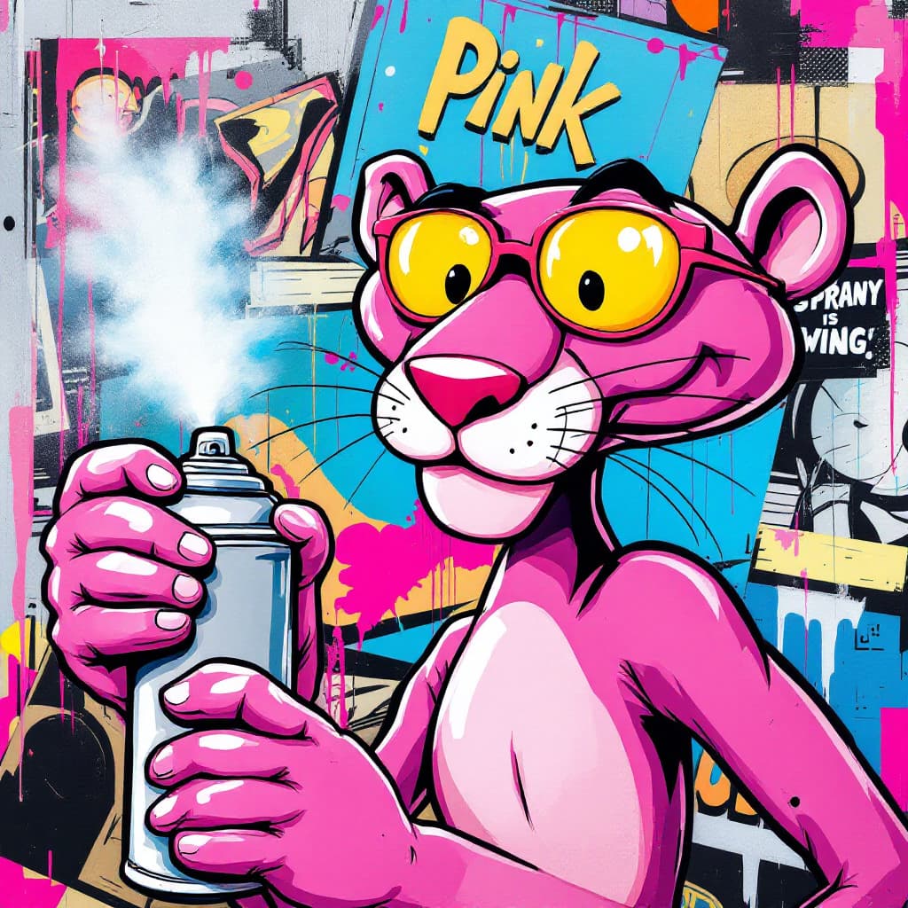 AI generated: Pink Panther spray-painting, vibrant comic book style, cartoon character in bright pink, holding spr...