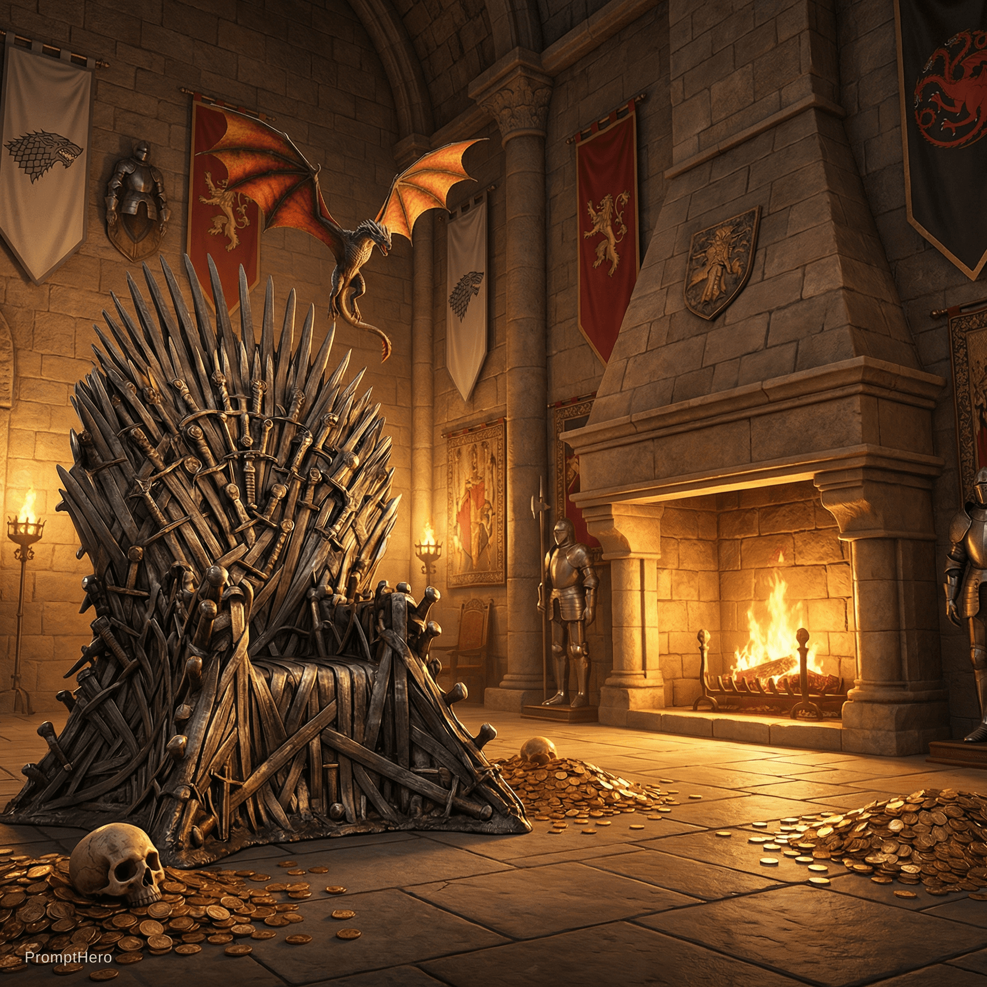 AI generated: CREAR UN ESCENARIO EN EL INTERIOR DE UN CASTILLO DE JUEGO DE TRONOS CON CHIMENEA ENCENDIDA Y UN LUGA...