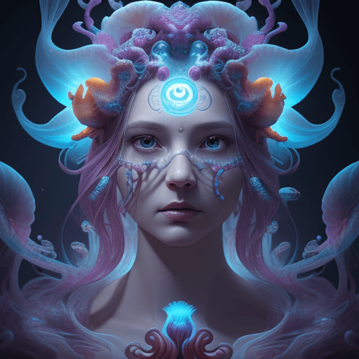 AI generated: Goddess close-up portrait ribcagel. jellyfish phoenix head, nautilus, orchid, skull, betta fish, bio...