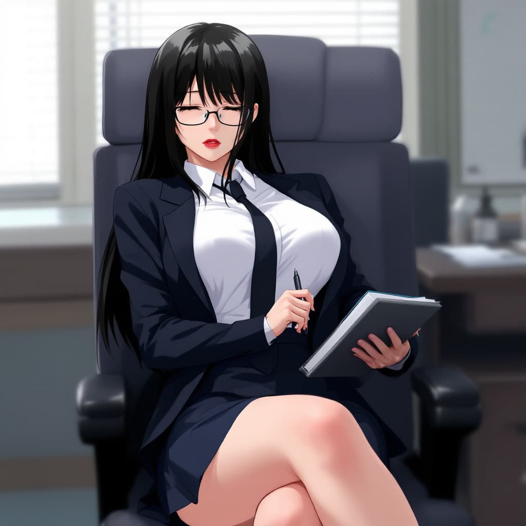 AI generated: anime, woman, black hair, long hair, wearing black glasses, red lips, white shirt, black tie, black ...