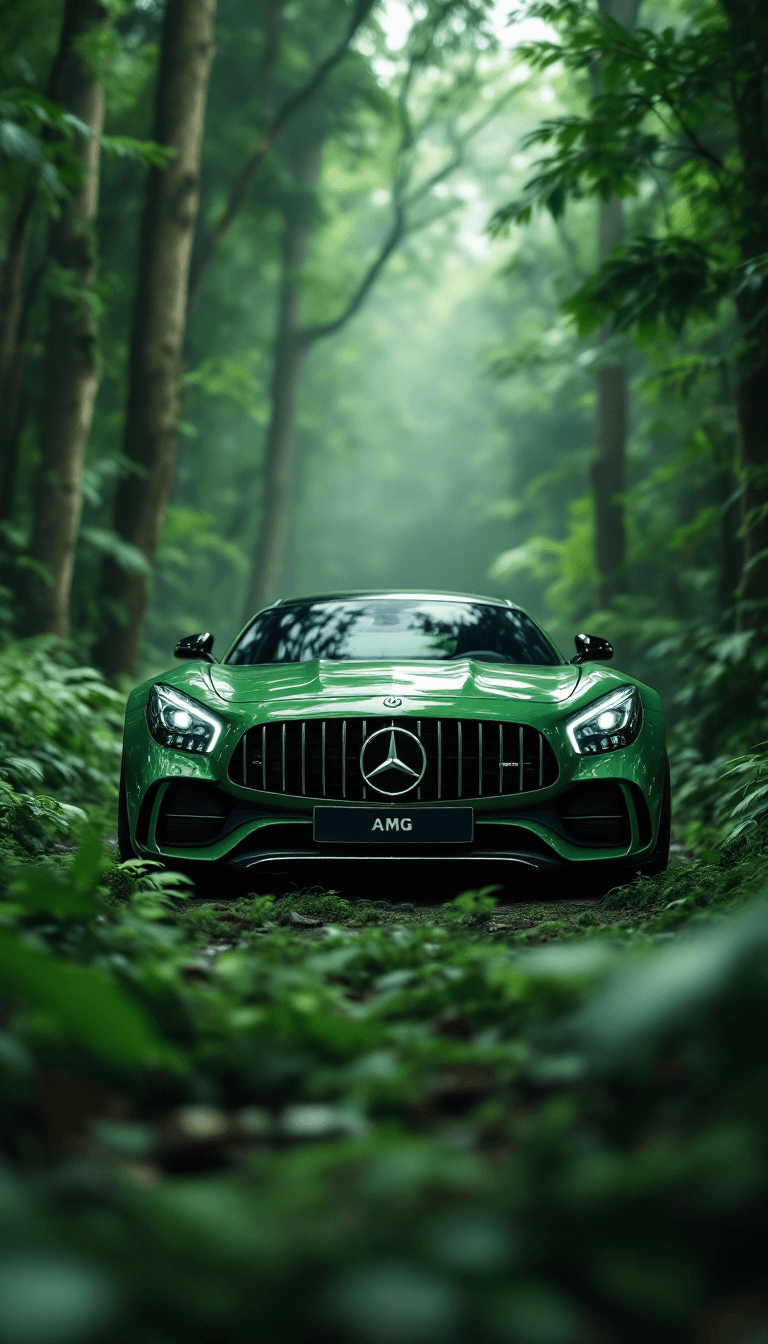 AI generated: High automotive symmetrical close-up portrait shoot of a green mercedes-amg GT standing in the jungl...