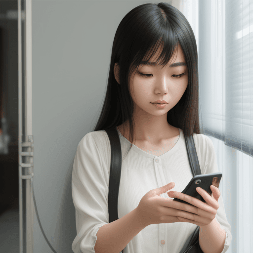 AI generated: Young asian woman using mobile smartphone and looking sideways through closed blind, in nervous