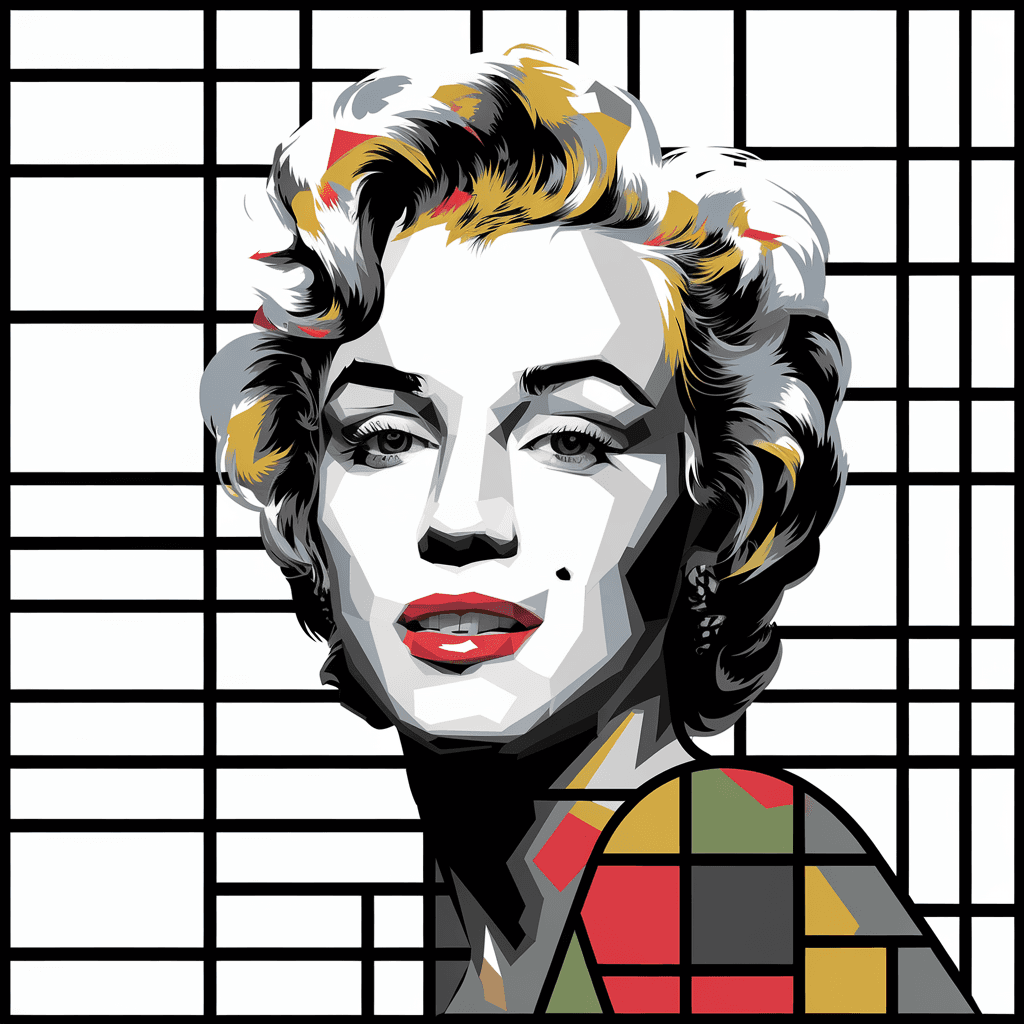 AI generated: illustration, art, Young Woman, face Like Marilyn Monroe, gaze, mosaic, mondrian, consisting random ...