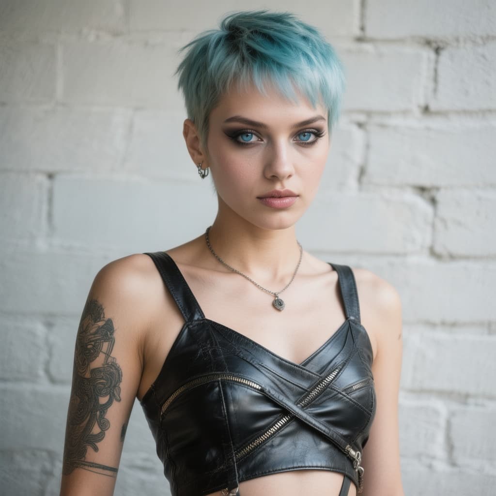 AI generated: 
portrait photograph by Bettina Rheims: a young woman with light skin and long, pixie cut colored ha...