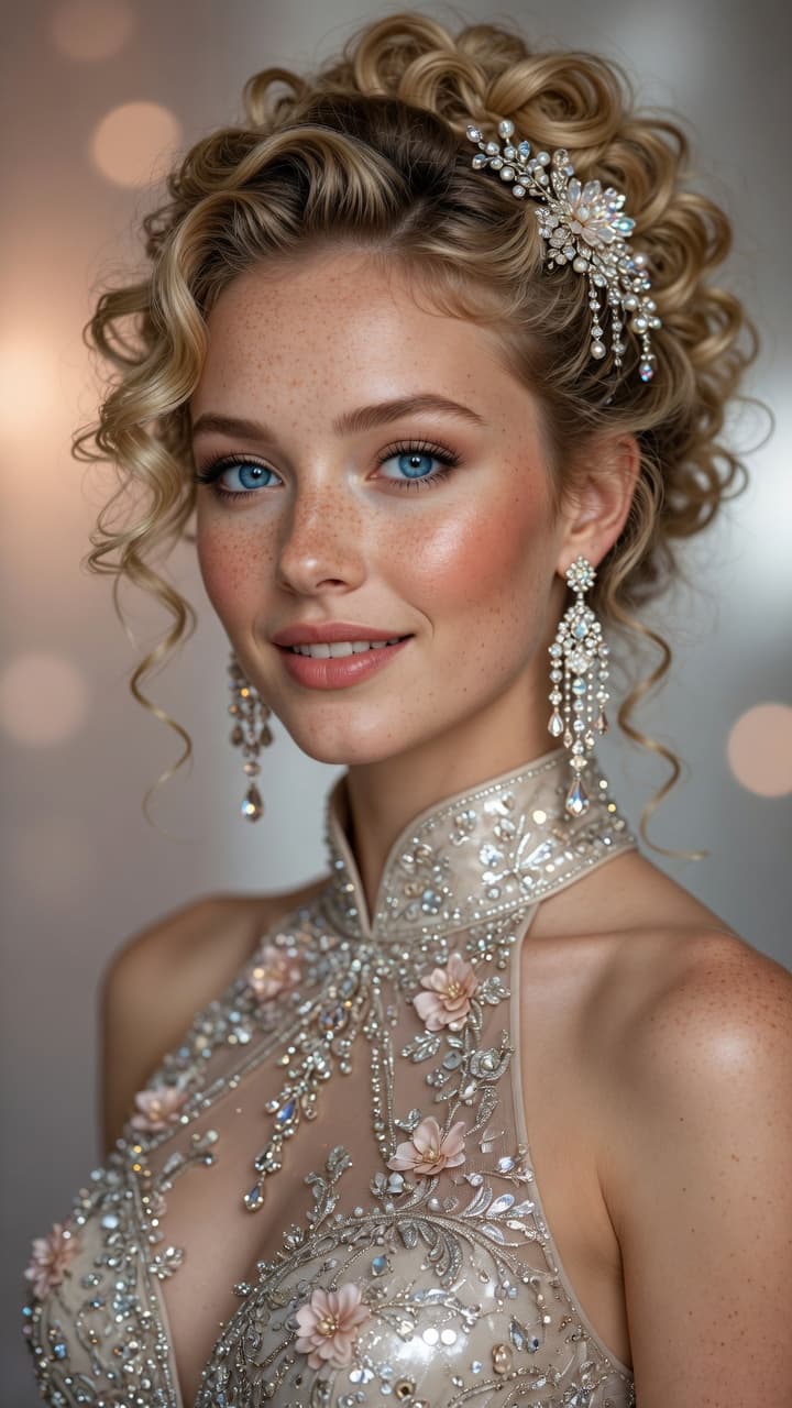 AI generated: Ultra-realistic portrait photography of a gorgeous young woman with fair freckled skin, vivid blue e...