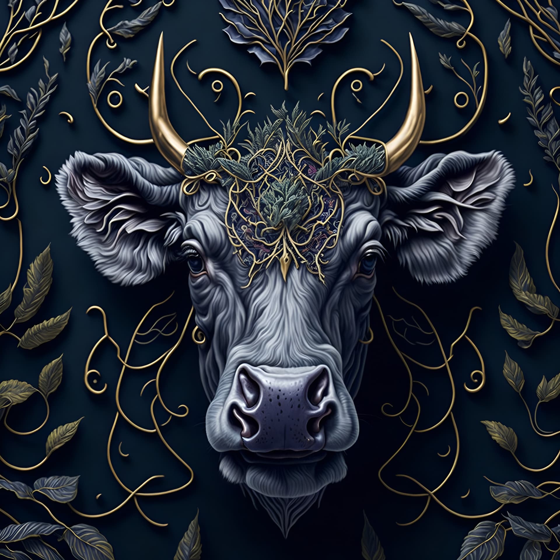 AI generated: A vibrant botanical steampunk illustration realistic cow face, symmetrical, style of William Morris,...