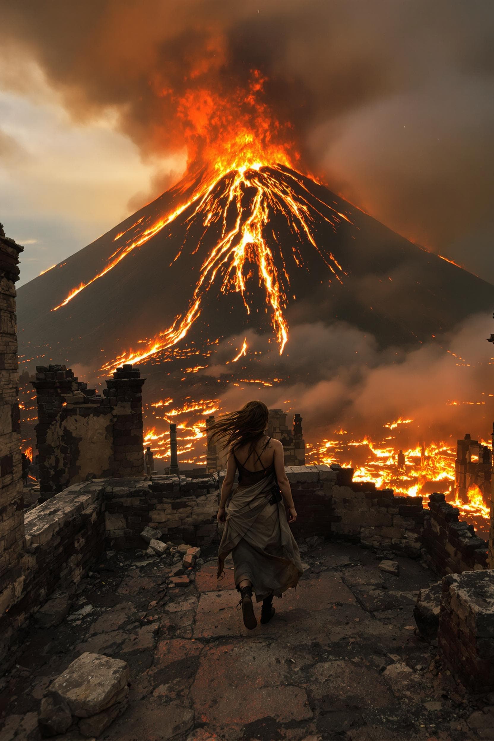 AI generated: (A dramatic historical reenactment style:1.5) she stands solitary on the crumbling facade of an anci...