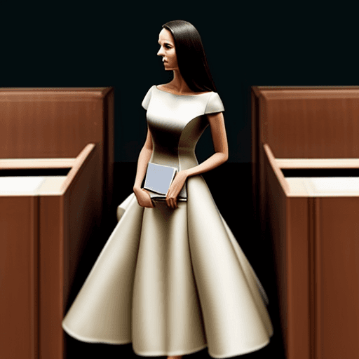 AI generated: Photo of a lawyer in an elegant dress with many people