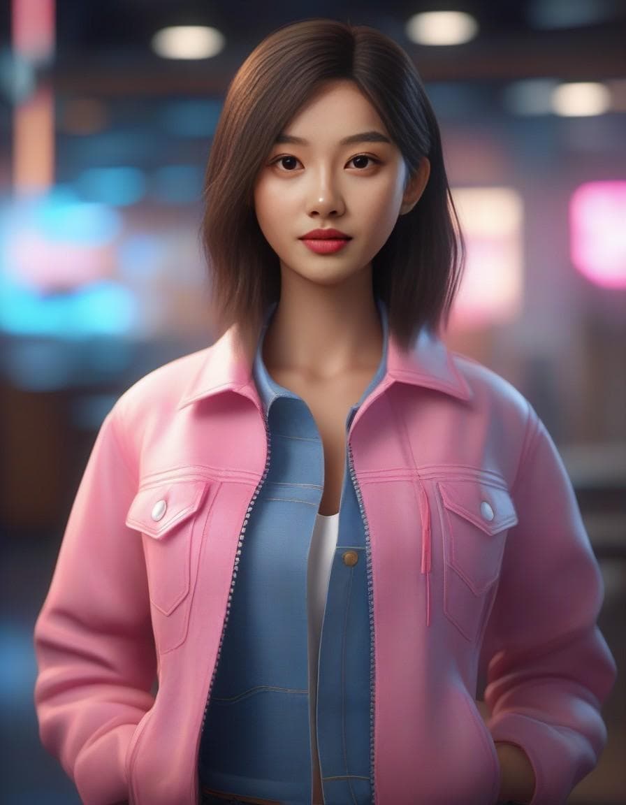 AI generated: Beautiful American lady with long blonde hair, pink denim jacket, blue jeans, anime 3d, 8k, unreal e...