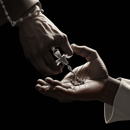 AI generated: a photorealistic of Praying two hands of an man holding rosary beads.
The hands are black.