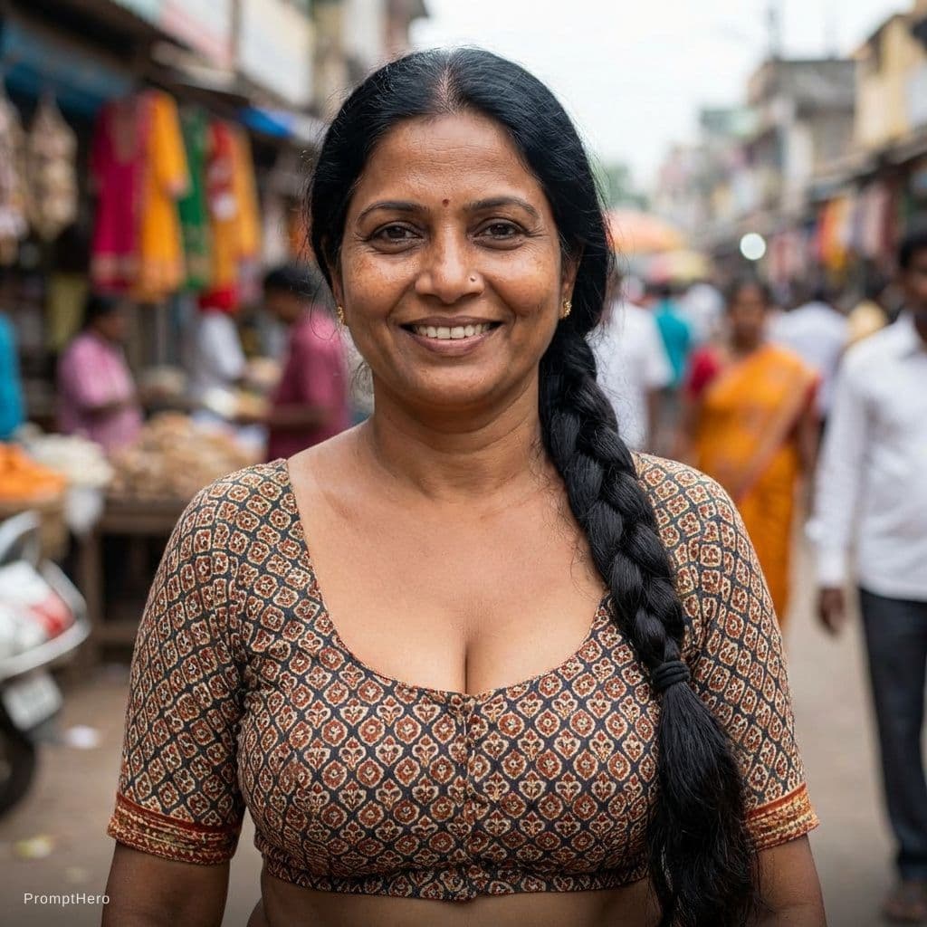 AI generated: An indian milf with long braid with her big boobs visible