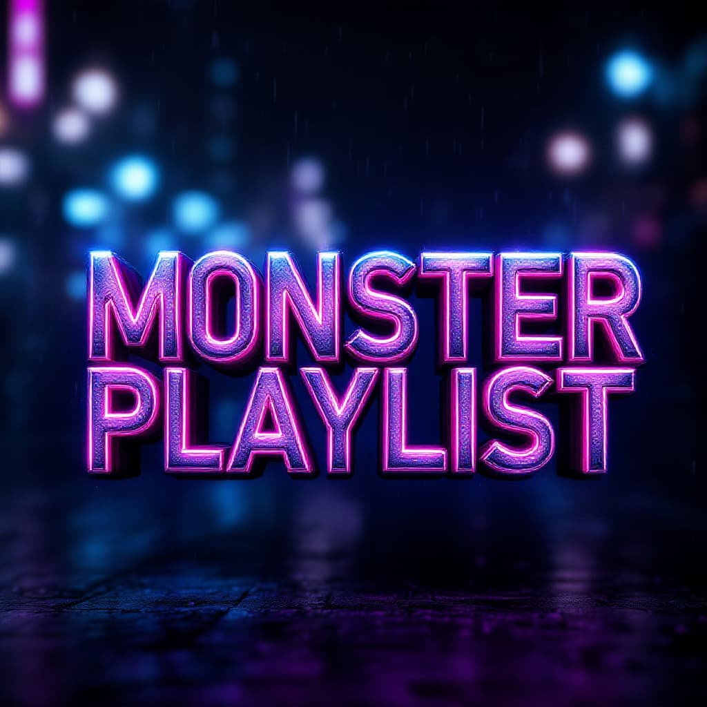 AI generated: Design a bold and dynamic 3D text of the words 'Monster Playlist' in a gritty, neon cyberpunk style....