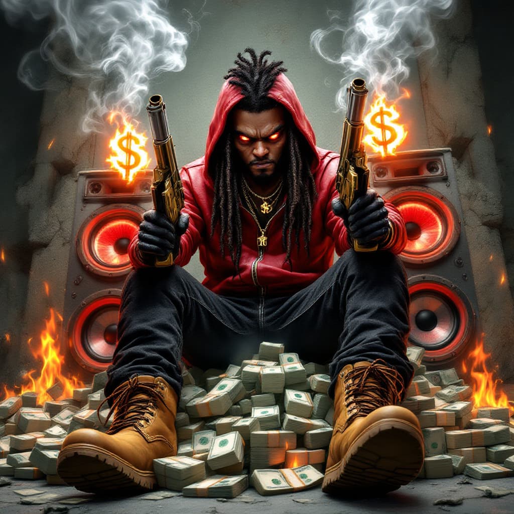 AI generated: a crazy african american character with a sinister looking facial features, long dreadlocks, red lea...