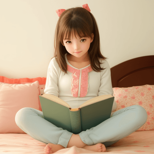 AI generated: cute charming girl sitting on the bed reading book