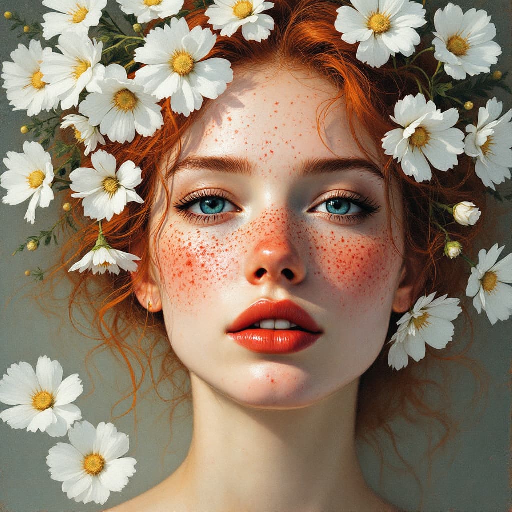 AI generated: Woman with freckles with white flowers surrounding her head, red hair, oil painting, wide brush --v ...