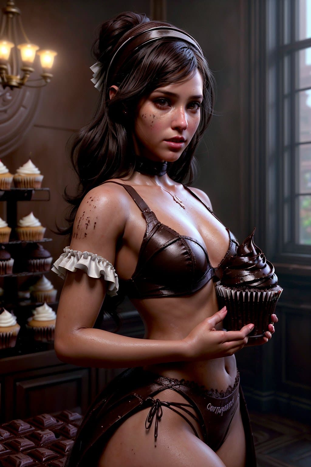 AI generated: a (girl as personification of chocolate cupcake:1.2), beauty, fantasy bakery, digital painting by kr...