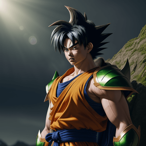 AI generated:  High resolution photography of son goku with shiryu's green armor ; 8k, intricate detail, photoreal...