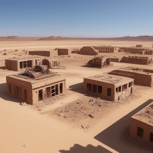 AI generated: A desert full of old machines and buildings buried and destroyed.

