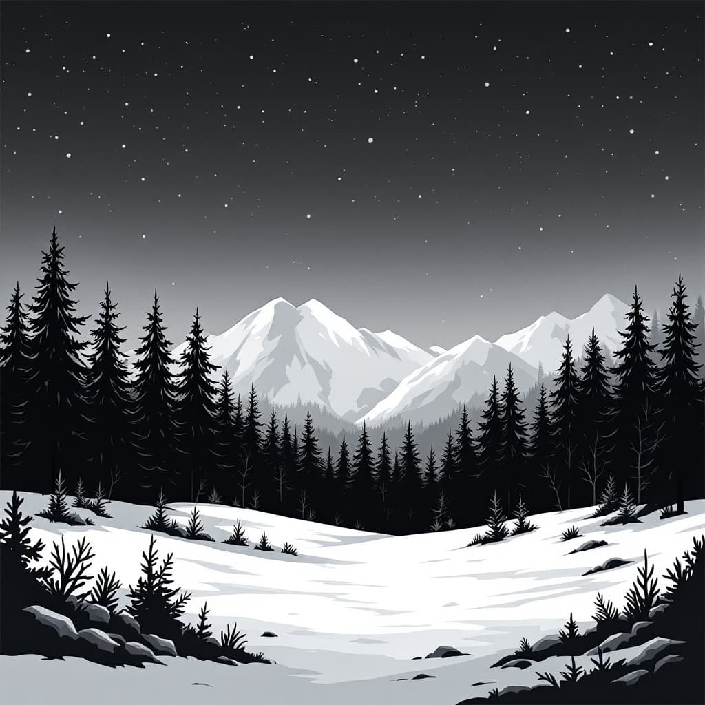 AI generated: a black and white flat vector snowy forest landscape