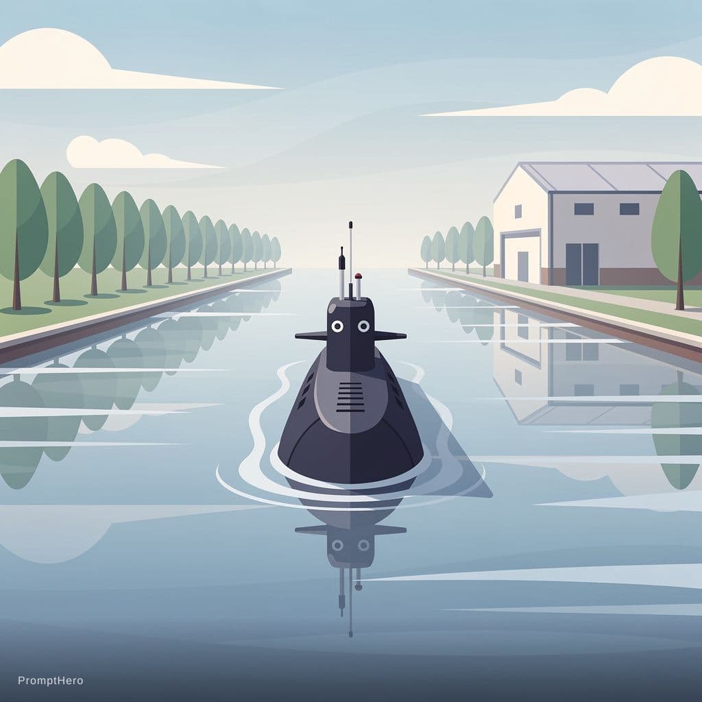 AI generated: half submerged submarine crossing a canal,trees and a warehouse, simple stylized victor illustration...