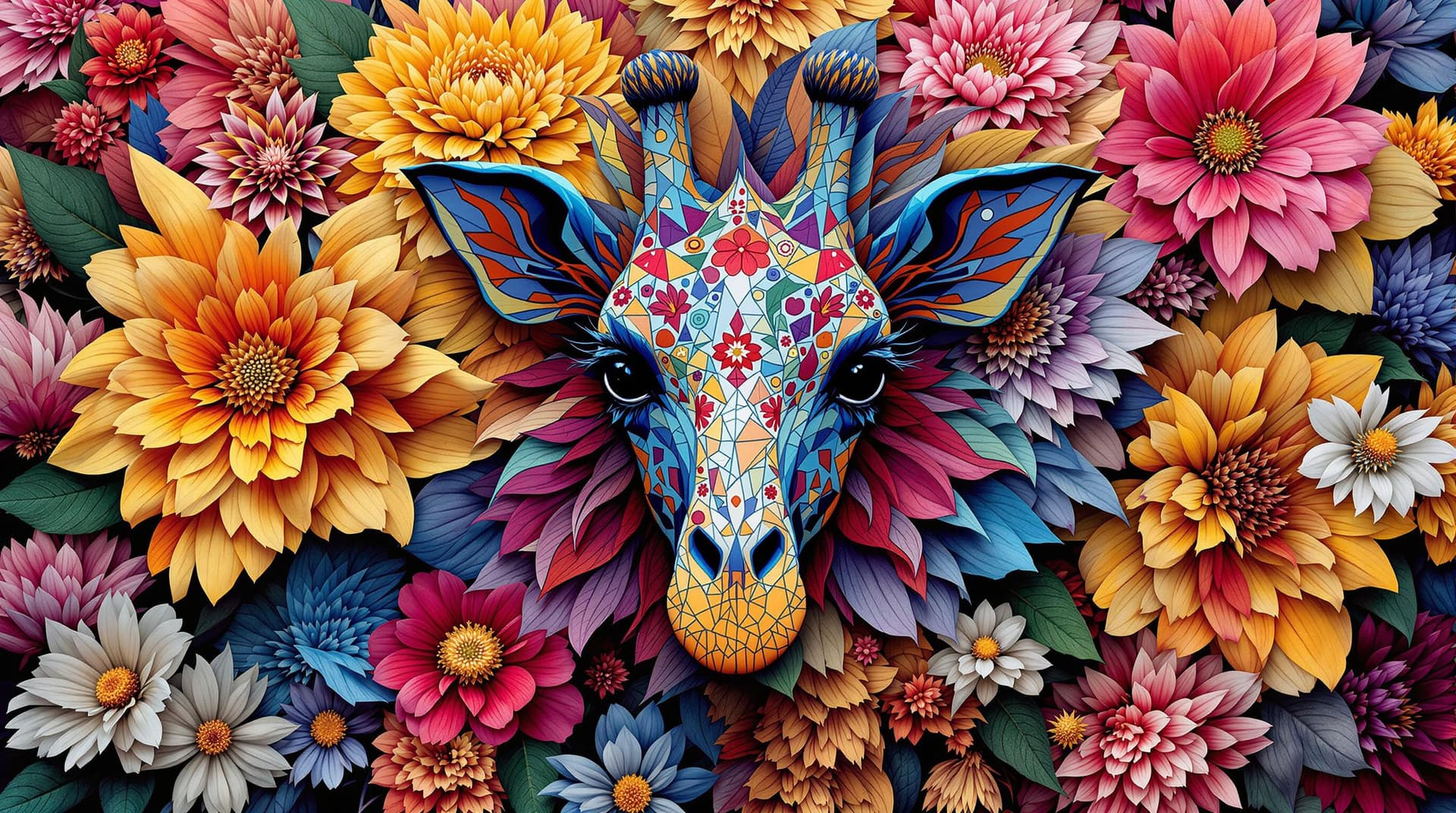 AI generated:  amazing abstract flowers shaped with a girafe face