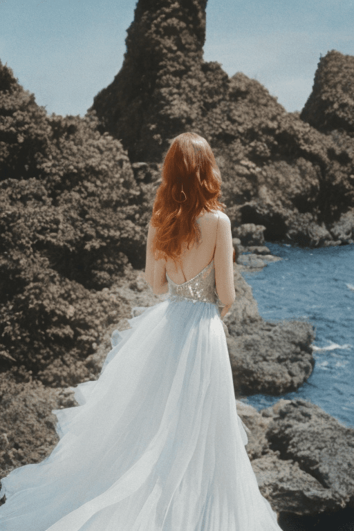 AI generated: looking over the shoulder of the copper long hair woman in a an elegant luxury dress designed by Dio...