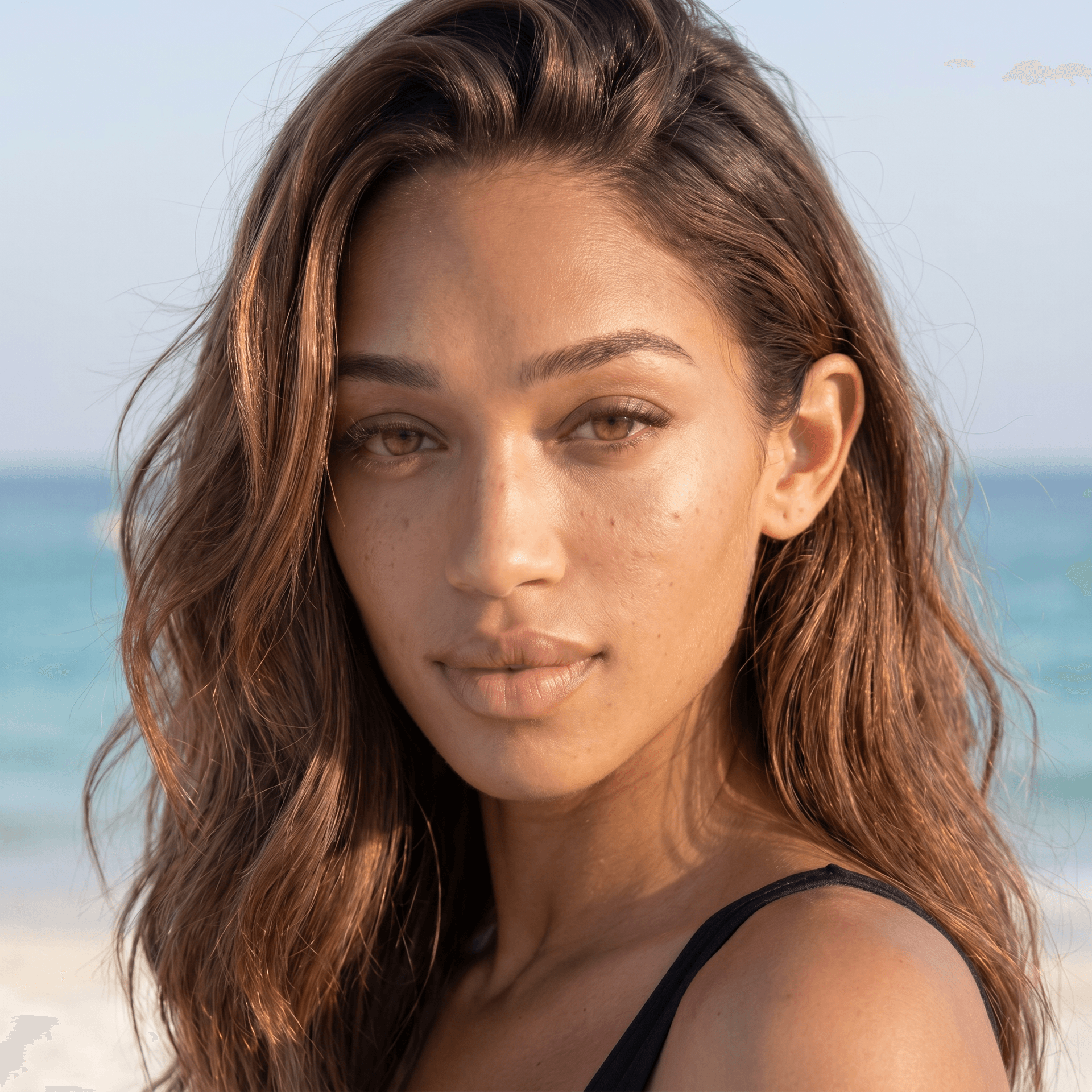 AI generated: micro-texture detail visible on forehead chin and upper lip area, natural skin redness variation aro...