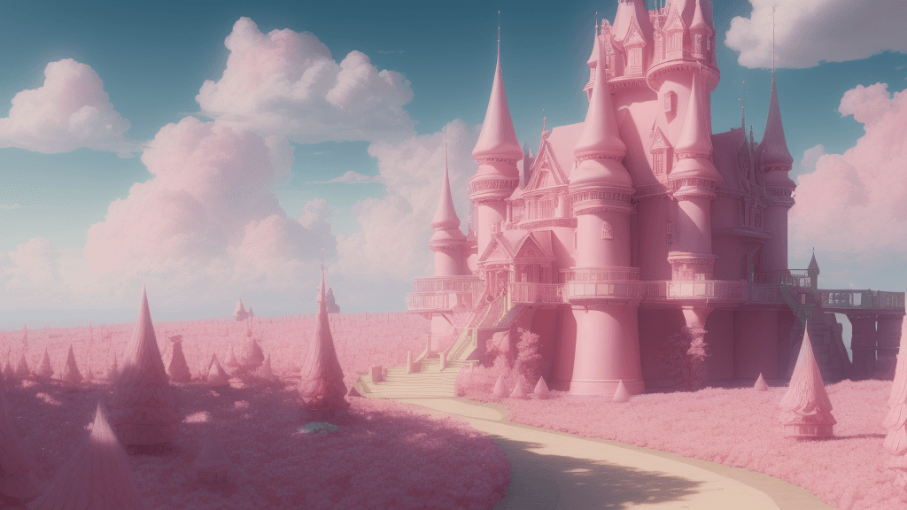 AI generated: a path to a dream crystal pink castle, clouds like Marshmallow, the image is like beautiful dream, p...