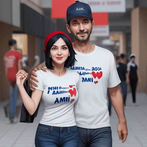 AI generated: Caricature of husband and wife walking arm in arm romantically. Husband, 40 years old, short black h...