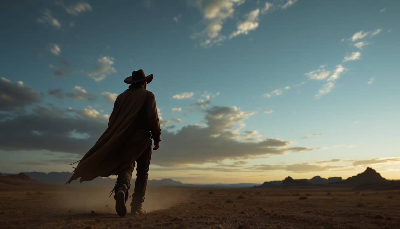 AI generated: Estilo tipo western. Paisaje: desierto al atardecer. Un hombre en toma larga, long shot, camina en e...