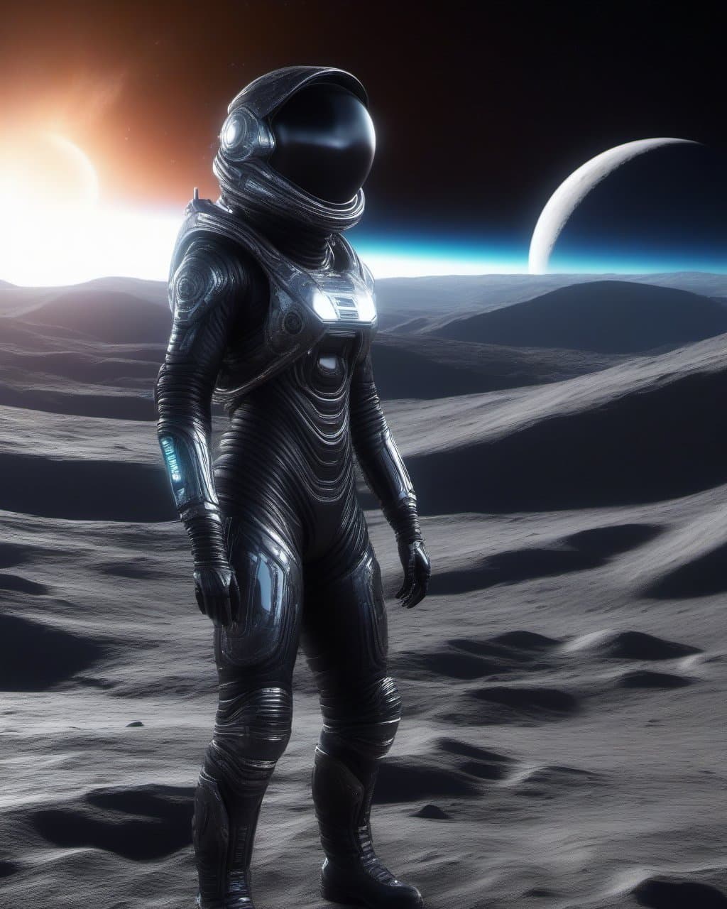 AI generated: epic, masterpiece, alien friendly standing on moon, intricated organic neural clothes, galactic blac...