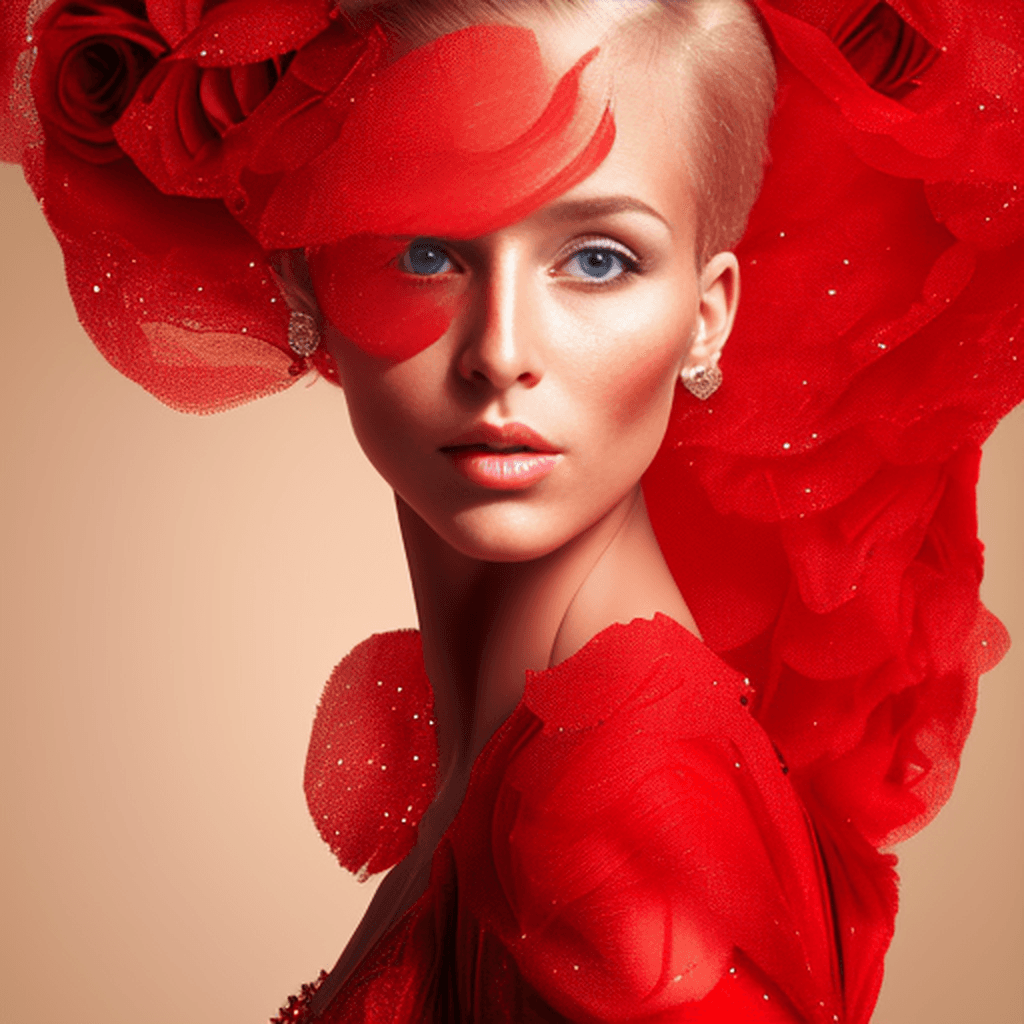 AI generated: An ultra detailed photo portrait of a beautiful blonde woman in a red gala dress. 150mm, hyperdetail...