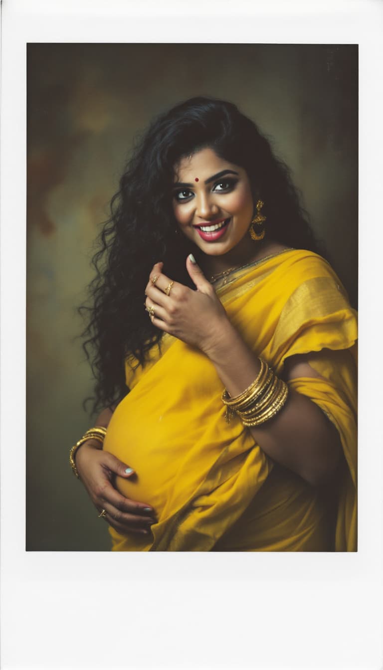 AI generated: Naina, full body, biting her lip, 35-40 years old, Black curly hair, Indian hair style, saree yellow...