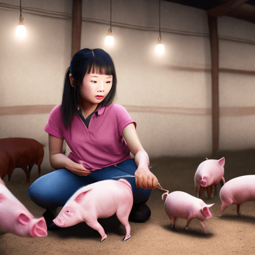 AI generated: A young Asain girl possing with domestic pigs, finely detailed skin, sharp focus, (cinematic lightin...