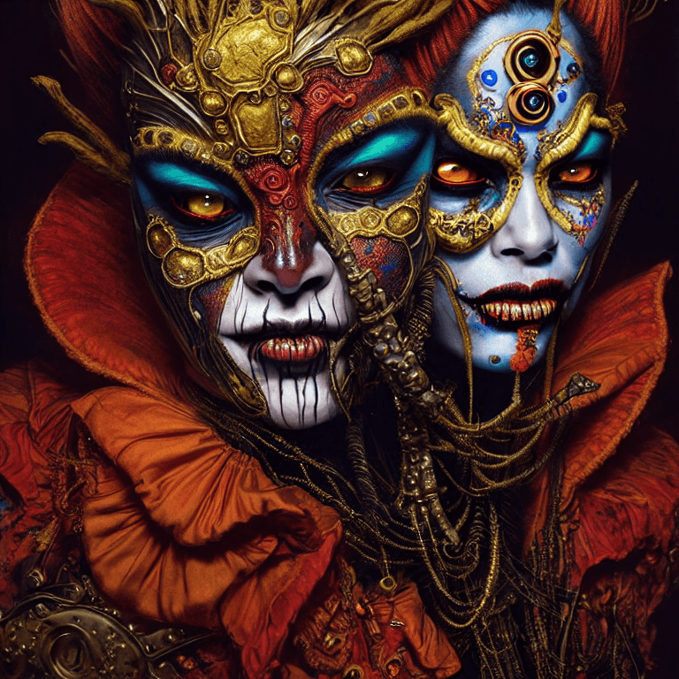 AI generated: uhd photorealisitc authentic two - face wearing ornate costume and intricate voodoo makeup, intricat...
