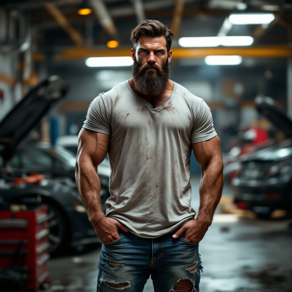 AI generated: Photo realistic image of a brutish very muscular 30-year-old man with a thick beard and dark brown h...