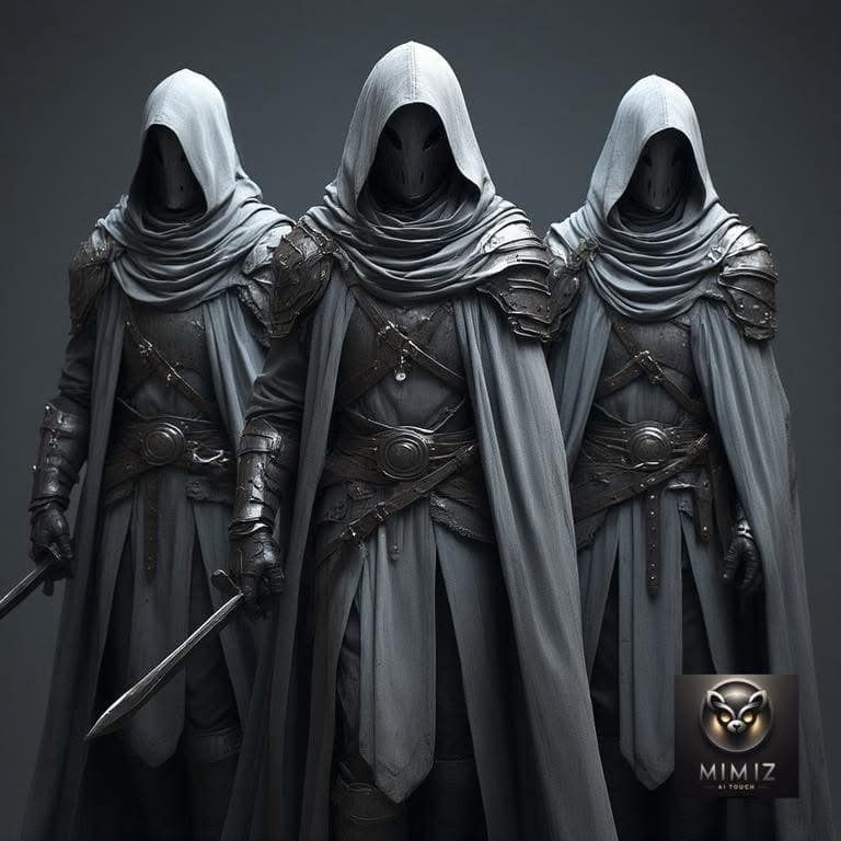 AI generated: MidJourney
Three masked warriors in gray ceremonial armor, symmetrical formation, cinematic studio l...