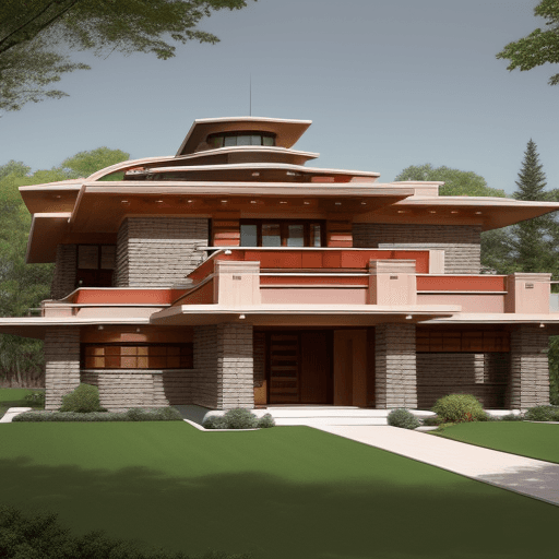 AI generated: one storey house in the style of frank lloyd wright, ,luxurious, symmetrical, 