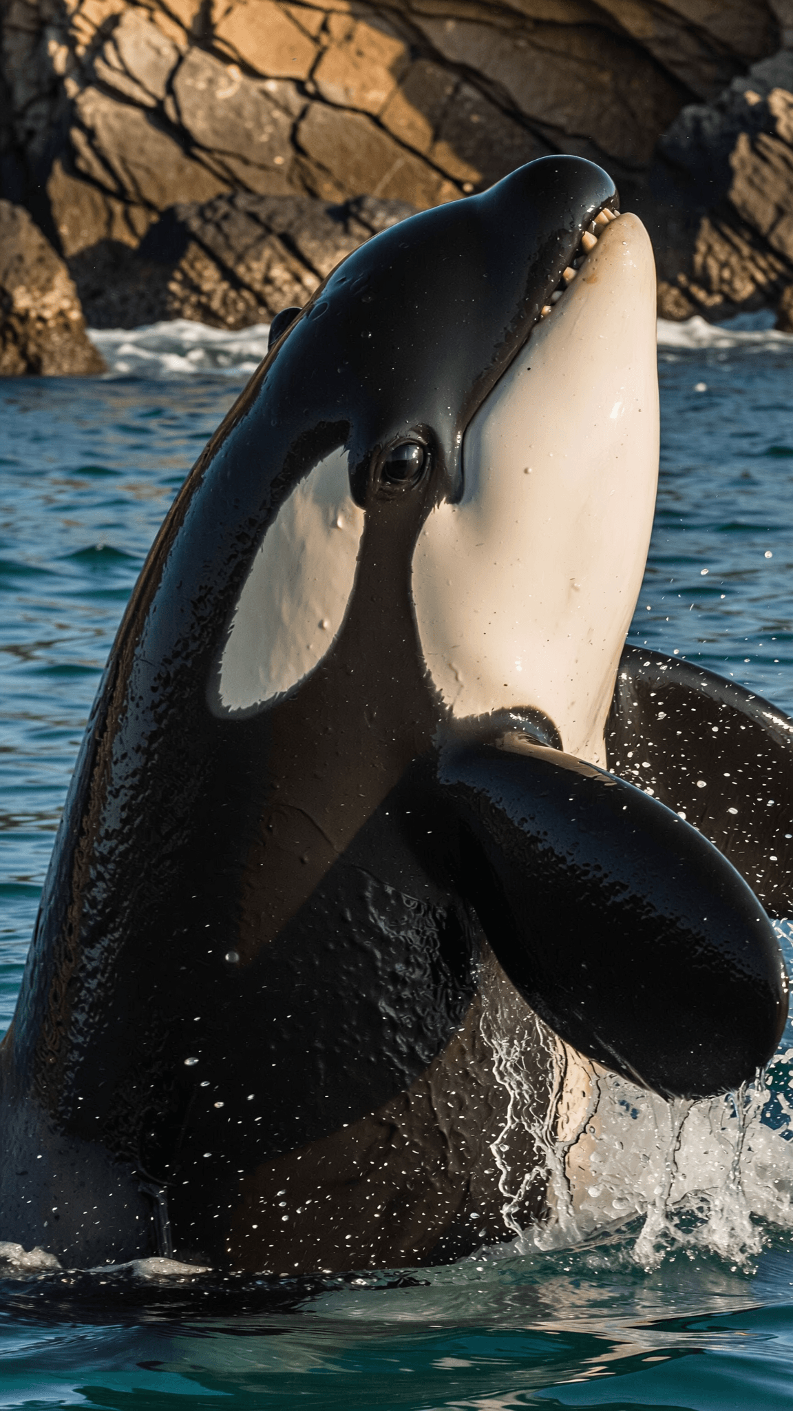 AI generated: Extreme close-up action shot of a powerful orca breaching the ocean surface during a hunt, massive b...