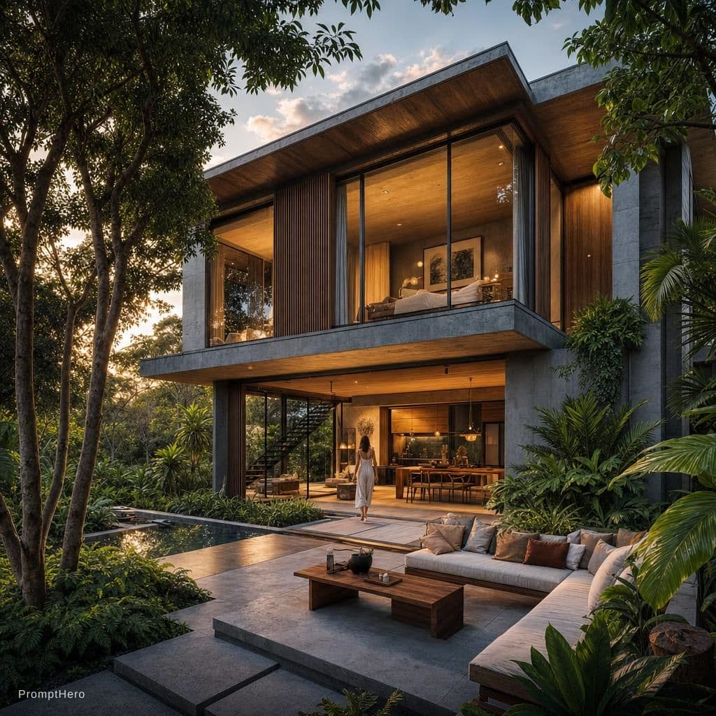 AI generated: CREATE AN Ultra-realistic architectural rendering of a modern tropical house, surrounded by lush lan...