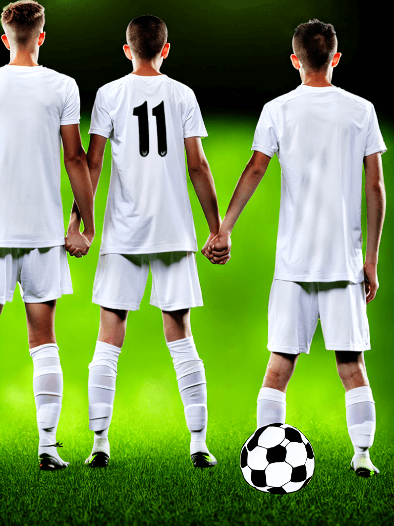 AI generated: two soccer players, holding hands, facing viewer, --no cropped heads