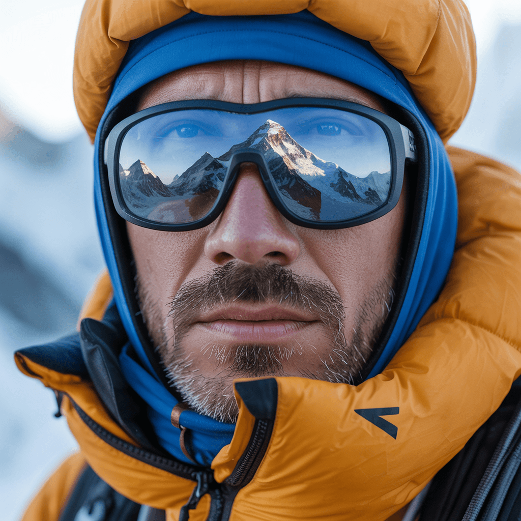 AI generated: show a realism style close up of a man in mountaineering gear. in the reflection of his glasses you ...