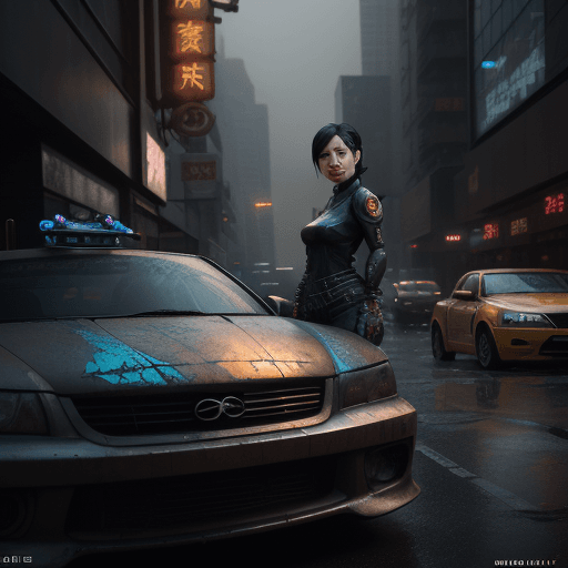 AI generated: dian mei tiasih face, cinematic lighting, battered, in modern city, with flaying car, trending on ar...